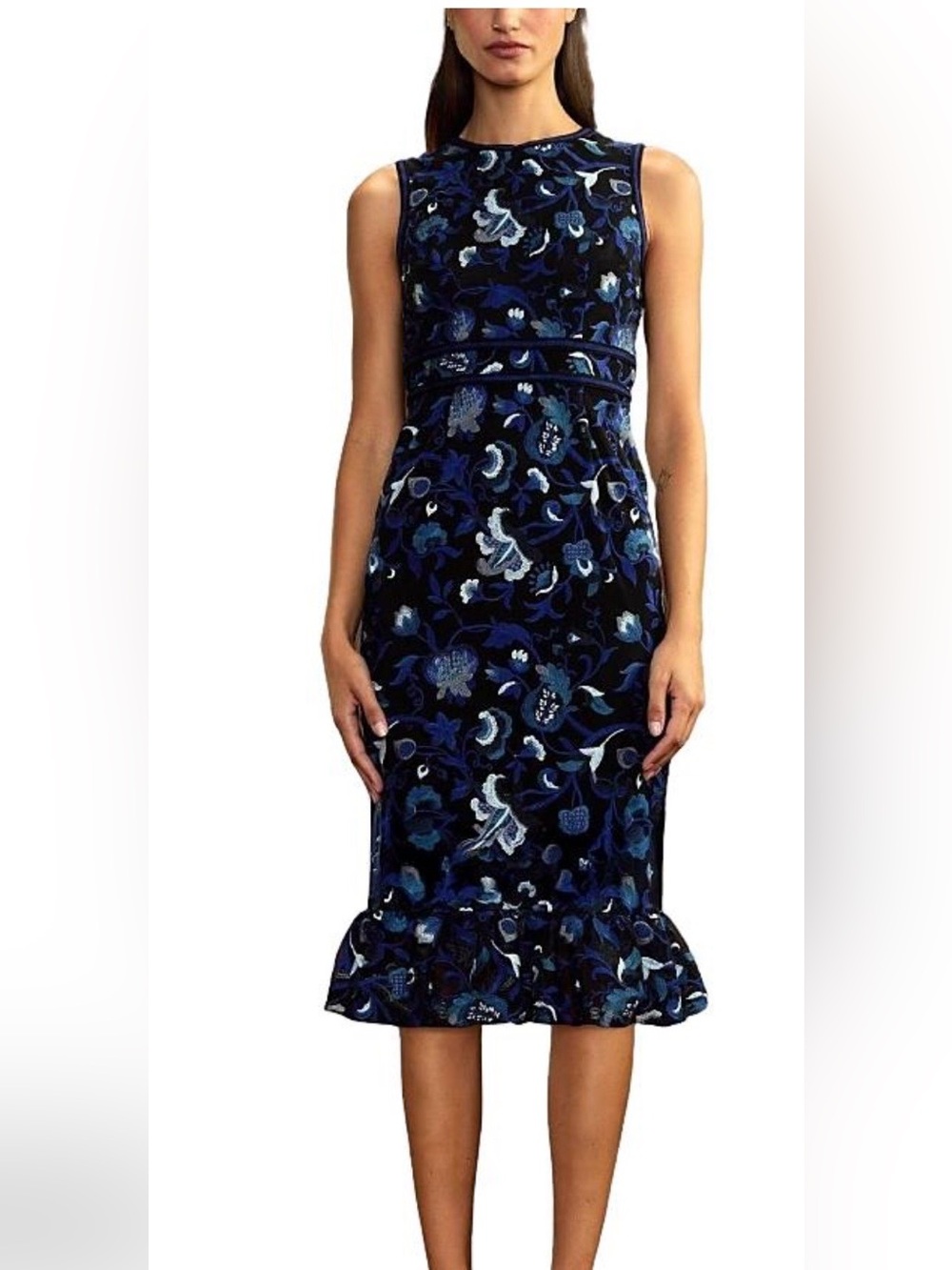 Cynthia Rowley Navy & Blue Floral Ruffle-Hem Midi Skirt